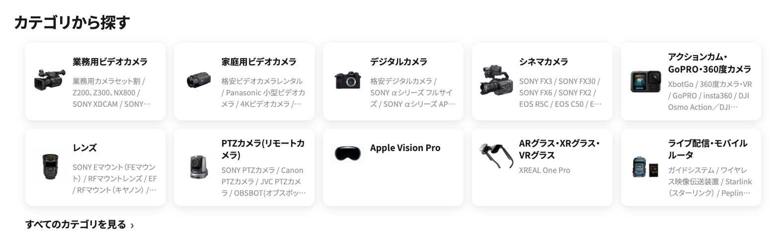 トップページの「カテゴリから探す」セクション。業務用ビデオカメラ、家庭用ビデオカメラ、デジタルカメラ、シネマカメラ、アクションカムなどのカードが、それぞれ内訳の機材名とともに並んでいる