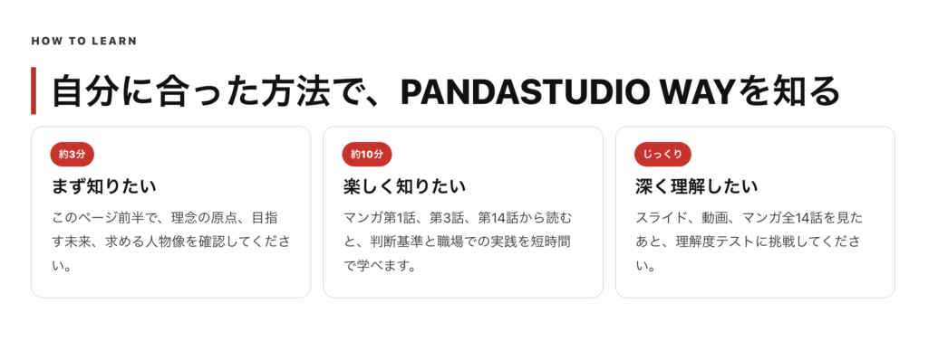 PANDASTUDIO WAYを学ぶための複数の方法(動画・資料・研修など)から自分に合った手段を選択できることを示す図解