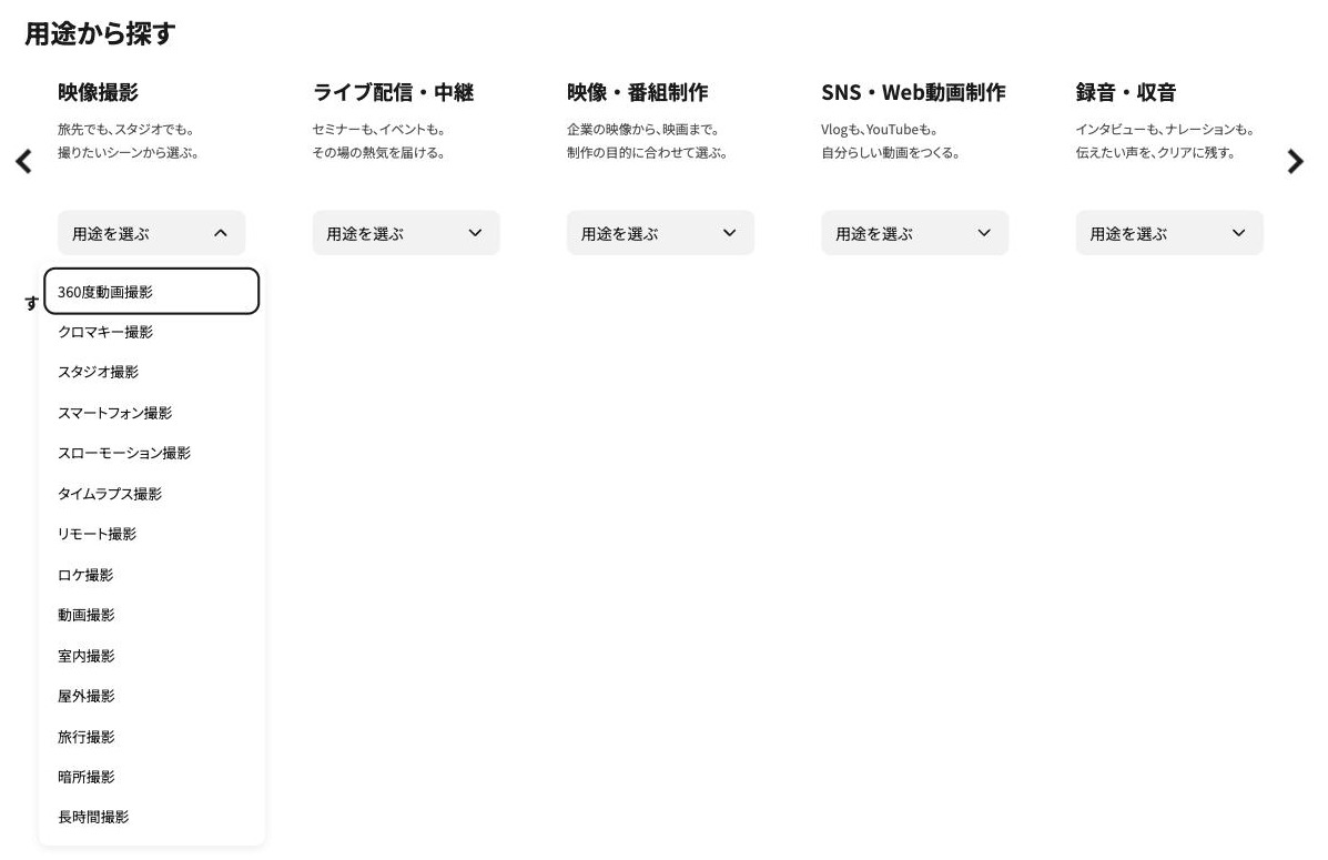 「映像撮影」カードの「用途を選ぶ」を押して用途の一覧を開いた状態。360度動画撮影、クロマキー撮影、スタジオ撮影など14の用途が縦に並んでいる