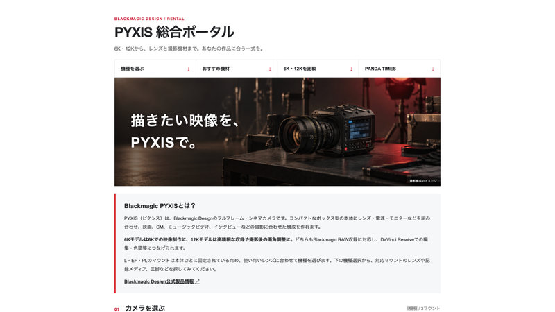 PYXIS総合ポータルのカメラとレンズ比較画面