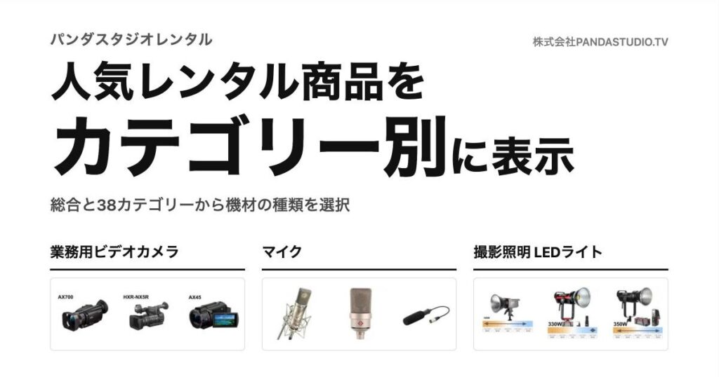 「人気レンタル商品をカテゴリー別に表示」の見出しと、業務用ビデオカメラ・マイク・撮影照明の人気商品の写真