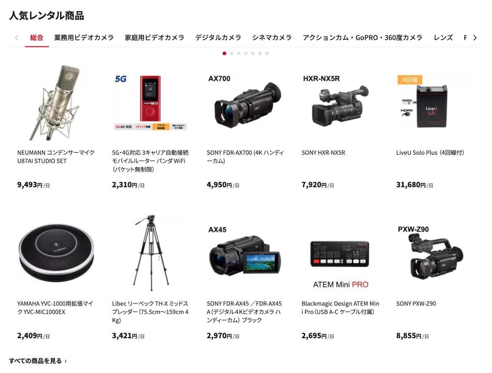 人気レンタル商品の欄で「総合」のタブが選ばれ、ビデオカメラ・マイク・三脚など10点が並んだ画面